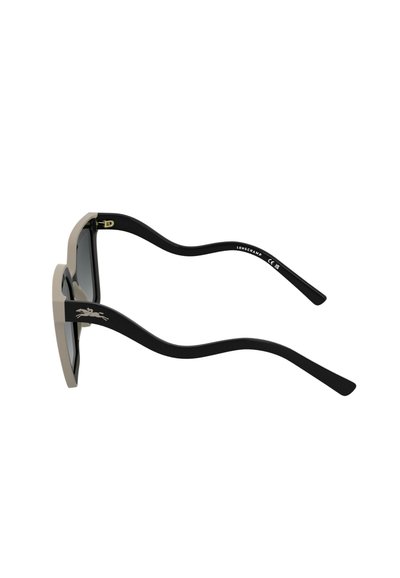 Lunettes de soleil en plastique avec une monture avant beige et des branches noires. Présentent un design élégant et anguleux ainsi qu'un logo sur la branche. Verres teintés foncés.