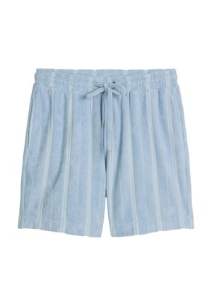 Jasnoniebieskie krótkie spodenki z froty z pionowymi paskami, elastycznym paskiem w talii i sznurkiem do wiązania z przodu.