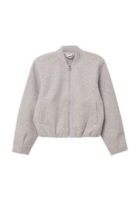 Veste bomber grise en matériau doux, avec fermeture éclair à l'avant, col côtelé et poches latérales. Ourlet élastique pour une coupe ajustée.