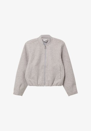 Gray bomber jacket made of soft material, featuring a zip front, ribbed collar, and side pockets. Elastic hem for a fitted look.