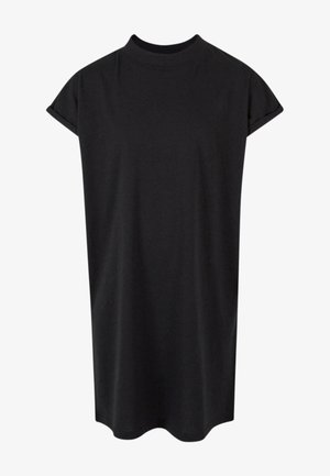 Robe t-shirt noire à manches courtes, longueur genou, avec des manches retroussées et un col rond, sur fond blanc.