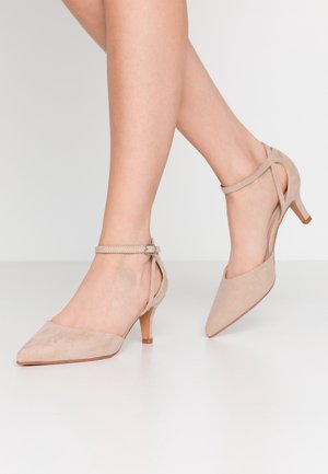 Piernas femeninas con tacones de kitten con correa al tobillo en ante beige y punta afilada sobre un fondo blanco y sin costuras.