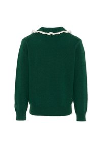 Maglione verde con finitura testurizzata, dotato di un colletto bianco a volant, maniche lunghe e orlo a coste. Design semplice sul retro.