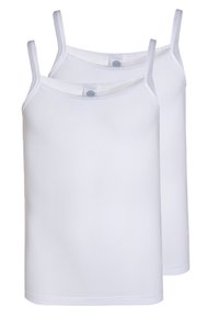 Two white tank tops made of smooth, stretchy fabric with thin straps and a round neckline, featuring a tag with a circular logo inside.