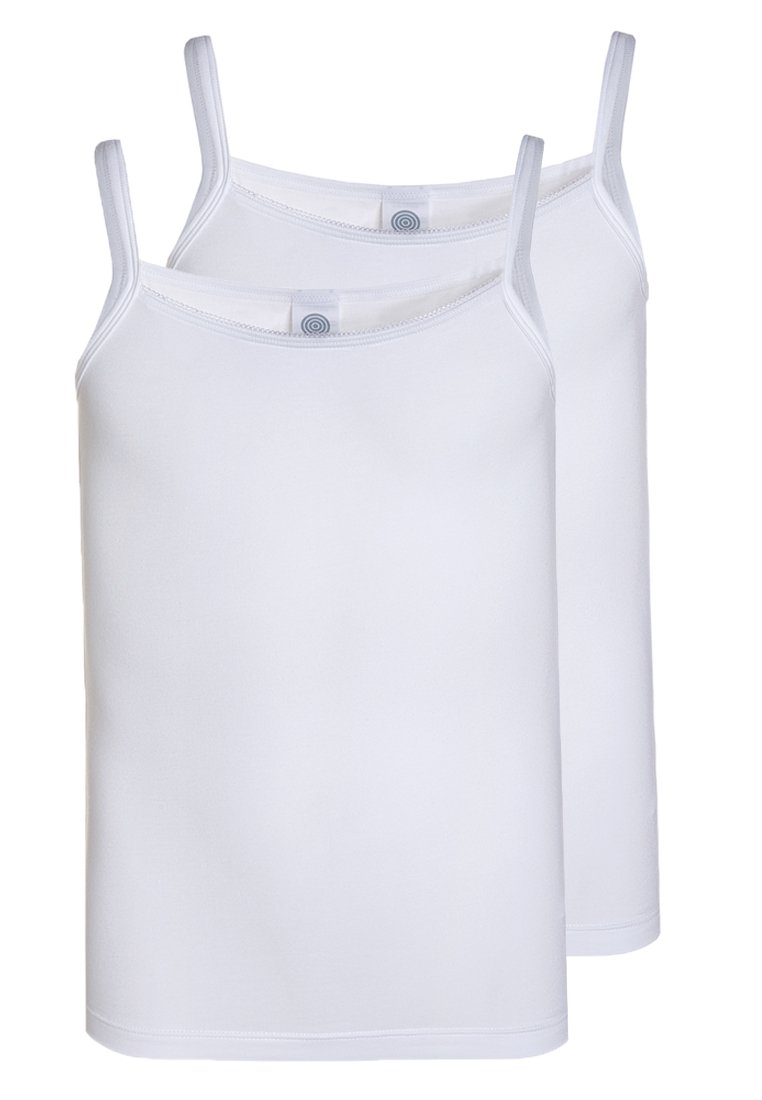 Two white tank tops made of smooth, stretchy fabric with thin straps and a round neckline, featuring a tag with a circular logo inside.