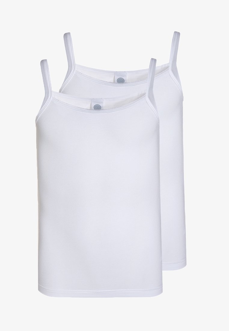 Two white tank tops made of smooth, stretchy fabric with thin straps and a round neckline, featuring a tag with a circular logo inside.