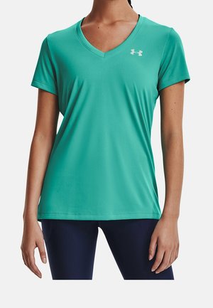 Short-sleeve V-neck athletic shirt in teal with a smooth texture and Under Armour logo placed on the upper left.