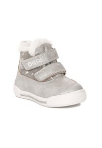 Szare zamszowe buty typu high-top z podwójnymi rzepami, białym futerkiem w środku oraz wzorem gwiazdek. Na rzepach widnieje napis "BIG STAR". Biała podeszwa.