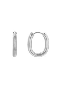 Silberne Creolen mit einer eleganten, zylindrischen Form, ausgestattet mit einer glatten Oberfläche und einem sicheren Schließmechanismus. Leicht und im minimalistischen Design.