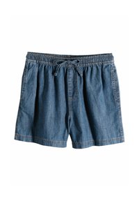 Denim shorts med elastisk talje, snøre lukning, sidelommer og en afslappet pasform. Stoffet er blåt med en glat tekstur.