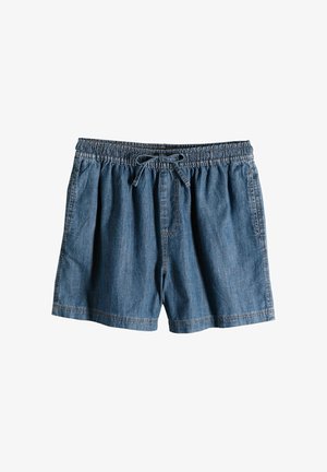 Jeansshorts mit einem elastischen Bund, Kordelzug, Seitentaschen und einem lockeren Schnitt. Der Stoff ist blau und hat eine glatte Textur.
