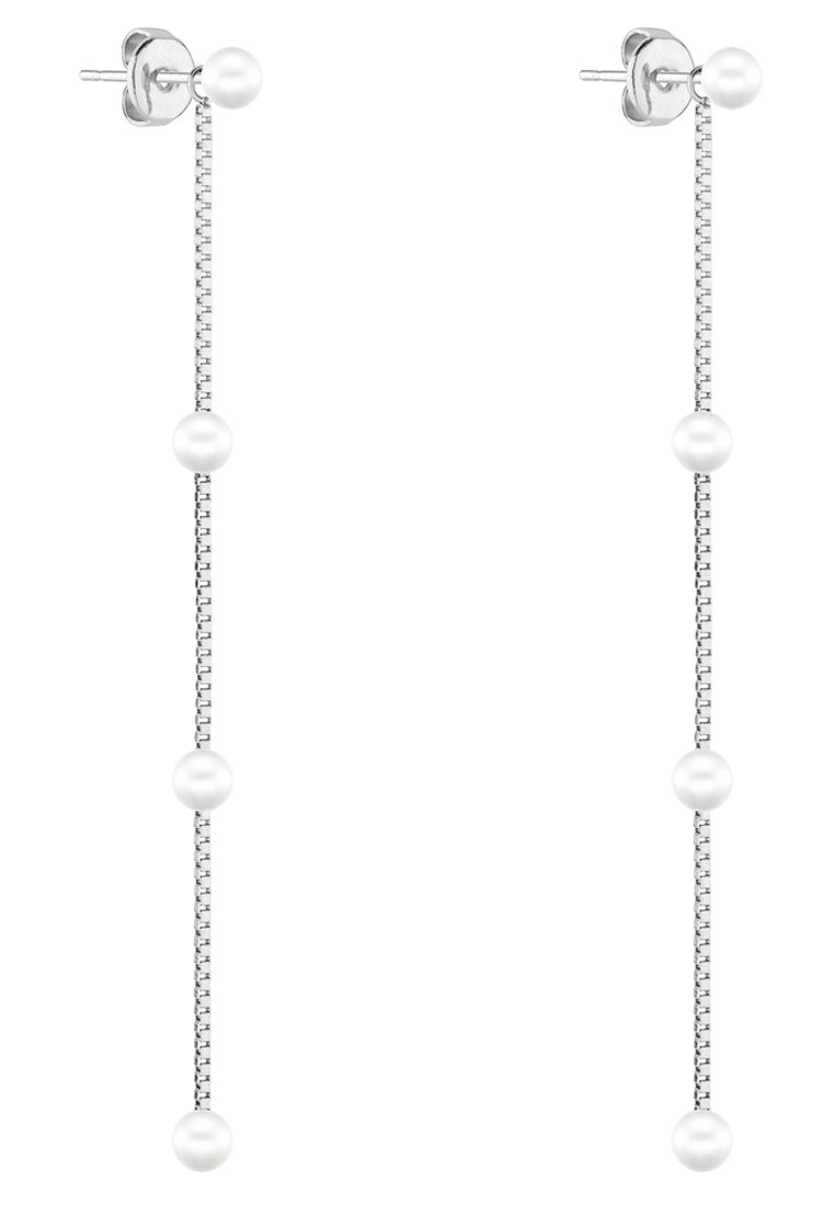 Silberne Ohrhänger mit fünf gleichmäßig verteilten weißen Perlen entlang der Länge, entworfen für einen schlanken und langgestreckten Look.