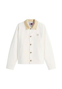 Giacca bianca in cotone con colletto in velluto a coste beige, bottoni dorati, tasche laterali e una piccola toppa con logo sul petto.