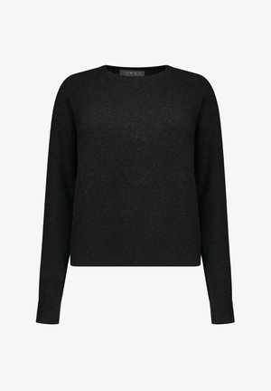 Maglione nero a maglia con maniche lunghe, scollo rotondo e tessuto morbido. Design semplice senza motivi o accenti visibili.
