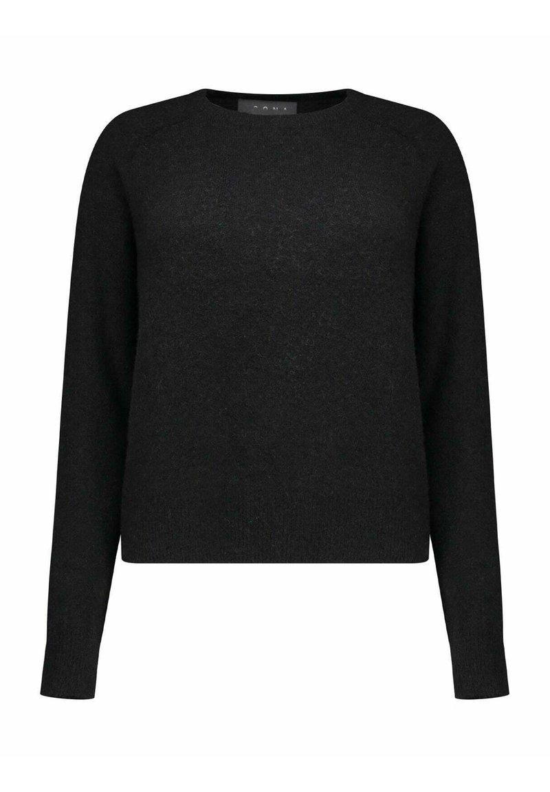 Maglione nero a maglia con maniche lunghe, scollo rotondo e tessuto morbido. Design semplice senza motivi o accenti visibili.