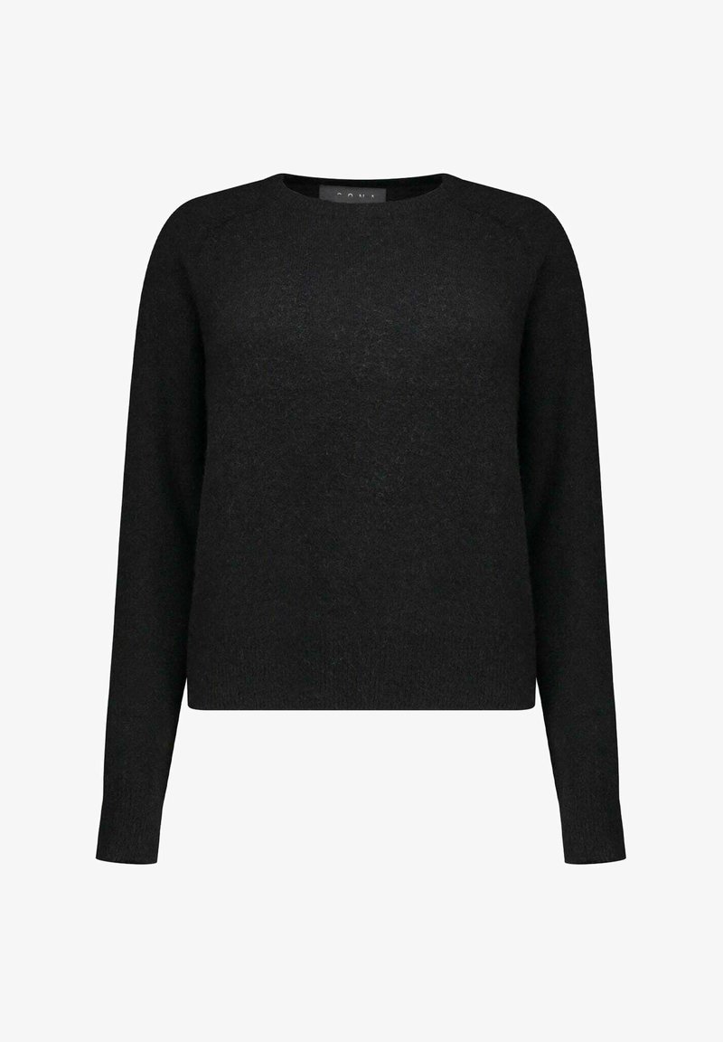 Maglione nero a maglia con maniche lunghe, scollo rotondo e tessuto morbido. Design semplice senza motivi o accenti visibili.