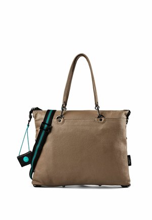 Taupe getextureerde leren handtas met twee handvatten en een zwart-teal verstelbare schouderriem tegen een witte achtergrond.