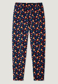 Leggings mit einem dunkelblauen Hintergrund und einem floralen Muster in Orange, Pink, Rot und Grün, aus weichem, dehnbarem Material.