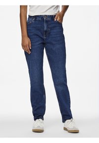 Denim jeans in dark blue with a straight cut, high waist, and five-pocket design. Features a zipper fly and metal button closure.