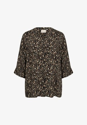 Leopard print blouse featuring a V-neck, loose fit, short sleeves, and a soft, textured fabric in brown, beige, and black tones.