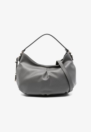 Borsa in pelle grigia con forma arrotondata, texture liscia, corta tracolla e un sottile dettaglio a pieghe sul davanti.