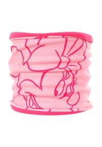 Scaldacollo rosa con design arricciato, realizzato in tessuto morbido, con un contorno rosa a contrasto e una stampa minimalista di un personaggio dei cartoni animati.