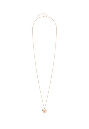 Roségold-Halskette mit einem herzförmigen Anhänger mit einem zentralen Edelstein, an einer feinen Kette mit verstellbarer Länge.