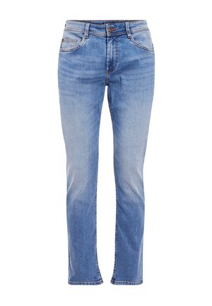 Lichtblauwe spijkerbroek met een rechte snit, voorzien van vijf zakken, een knoopsluiting en subtiele vervaging langs de benen.