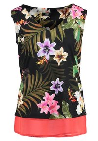 Top senza maniche di colore nero con un motivo floreale colorato, caratterizzato da fiori viola, rosa e bianchi, e un dettaglio trasparente corallo sull'orlo.