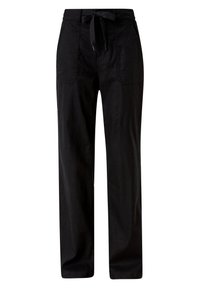 Pantalon noir à jambes droites avec poches plaquées à l'avant et ceinture en tissu nouée à la taille, fabriqué dans un matériau léger.
