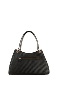 Borsa a mano nera con una texture intrecciata, accenti in pelle liscia, una tasca frontale con zip e hardware argentato lucido.