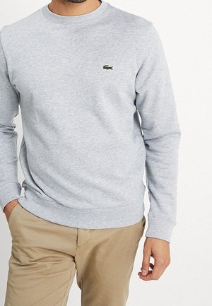 Homme portant un sweat-shirt gris clair à manches longues avec un petit logo crocodile vert et un pantalon beige, main dans la poche.