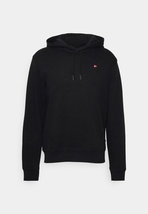 Zwarte hoodie van zachte stof, met een voorzak, verstelbare koord en een klein logo op de linkerborst.