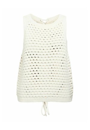Biely pletený háčkovaný top bez rukávov s okrúhlym výstrihom a sťahovacím šnúrkou na leme.