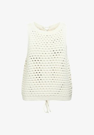 Haut sans manches blanc en crochet tricoté avec encolure ronde et lien à nouer à l'ourlet.