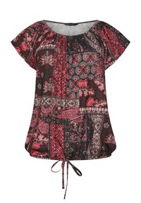 Blusa nera a maniche corte, con un design patchwork in tonalità di rosso e motivi floreali. Coulisse in vita per una vestibilità regolabile.