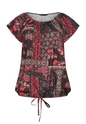 Czarna bluzka z krótkimi rękawami, ozdobiona wzorem patchwork w odcieniach czerwieni oraz kwiatowymi motywami. Troczek w talii umożliwiający regulację dopasowania.