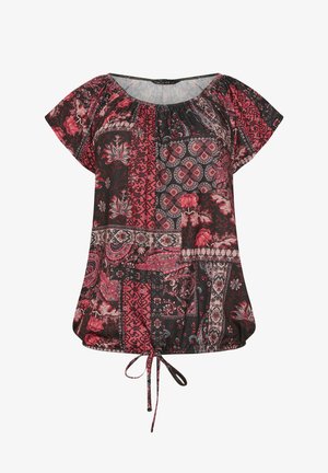 Blusa nera a maniche corte, con un design patchwork in tonalità di rosso e motivi floreali. Coulisse in vita per una vestibilità regolabile.