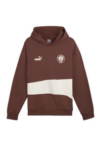 Felpa con cappuccio marrone e striscia orizzontale bianca. Presenta il logo Puma, l'emblema del FC St. Pauli e polsini a coste. Tessuto morbido.