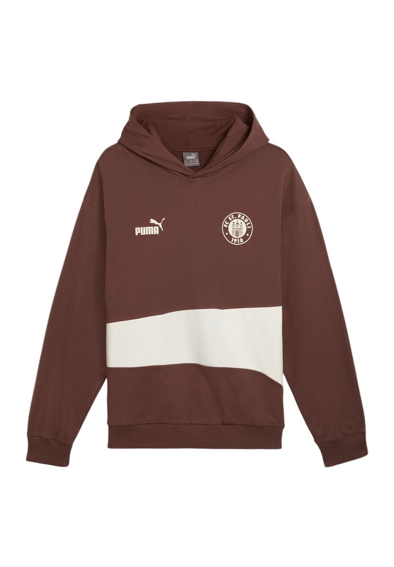 Felpa con cappuccio marrone e striscia orizzontale bianca. Presenta il logo Puma, l'emblema del FC St. Pauli e polsini a coste. Tessuto morbido.