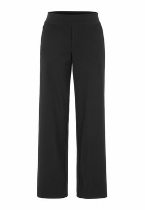 Zwarte wijde broek van zachte, rekbare stof. Beschikt over een elastische tailleband en minimale naden voor een strakke uitstraling.