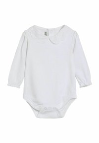 Bijeli dugosleeve bodysuit za bebe s ovratnikom u obliku valova, elastičnim rukavima i kopčanjem na dnu za lako oblačenje.