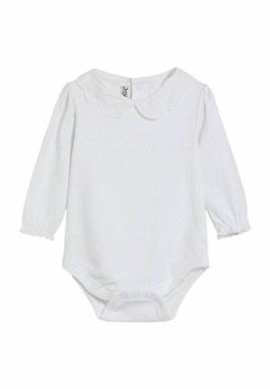 Weißes Langarm-Babybodysuit mit gewelltem Kragen, elastischen Bündchen und Druckknöpfen am Boden für ein einfaches Ankleiden.