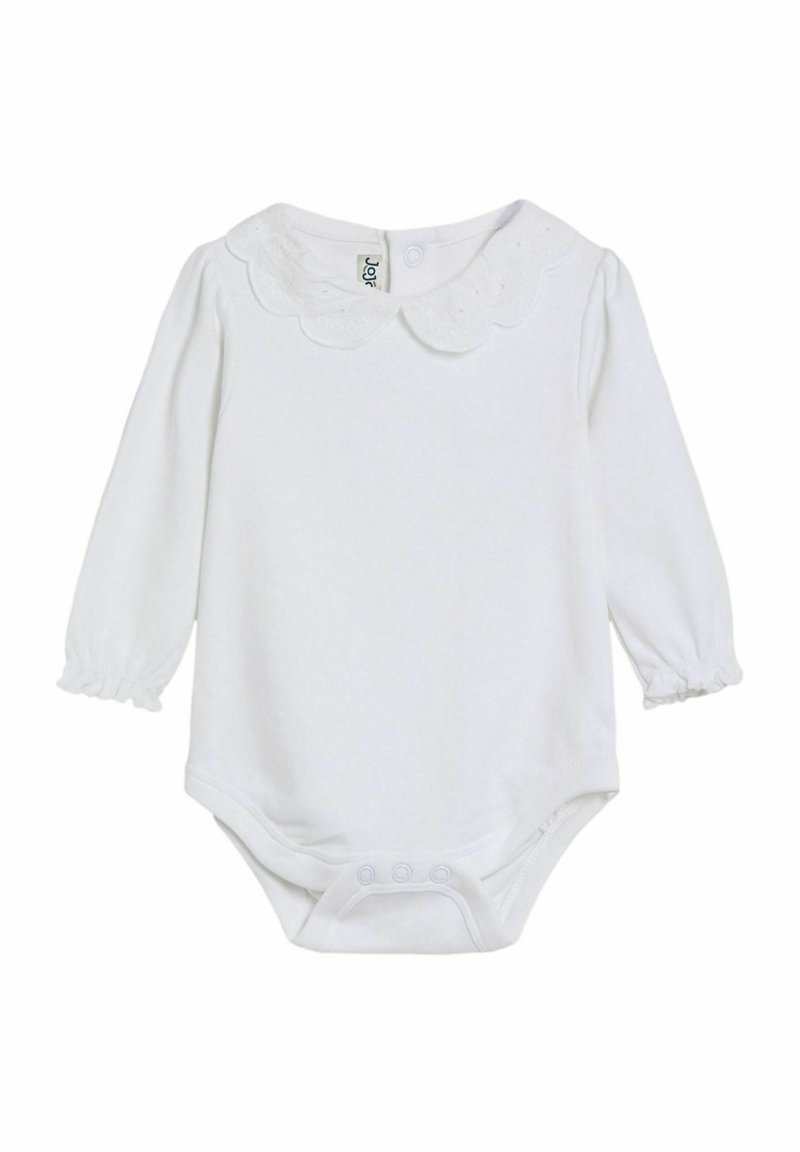 Bijeli dugosleeve bodysuit za bebe s ovratnikom u obliku valova, elastičnim rukavima i kopčanjem na dnu za lako oblačenje.