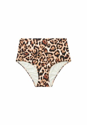 Augsta vidukļa bikini apakšdaļa ar leoparda rakstu brūnā un melnā krāsā uz gaiša fona; gluda auduma ar mīkstu iekšējo oderi.