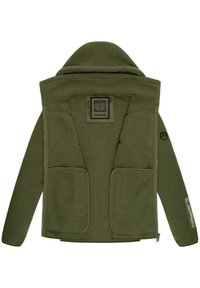 Olivgrüne Fleecejacke mit Kapuze, Reißverschluss vorne und mehreren Taschen. Sie verfügt über ein strukturiertes Material und ein Markenetikett auf dem Rücken.
