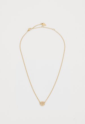 Gouden ketting met een ronde hanger. De hanger heeft een gestructureerd ontwerp omgeven door kleine heldergekleurde edelstenen. Verstelbare lengte.