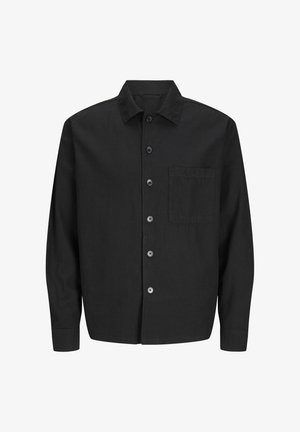 Camicia nera con bottoni realizzata in un tessuto leggero, dotata di taschino sul petto, bottoni frontali e colletto classico. Presenta maniche lunghe e un taglio dritto.