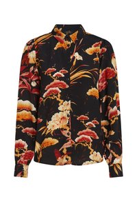 Langärmliges Hemd aus schwarzem Stoff mit einem floralen Muster in Rot, Orange und Creme, klassischem Kragen und knöpfbaren Manschetten.