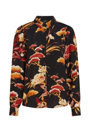 Langärmliges Hemd aus schwarzem Stoff mit einem floralen Muster in Rot, Orange und Creme, klassischem Kragen und knöpfbaren Manschetten.